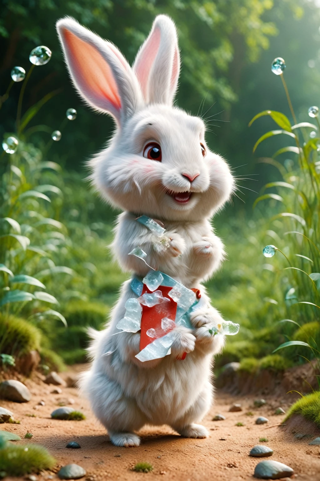 Raff Raff,small,masterpiece,best quality,The original,Official Art,A little white rabbit,Wear a red belly pocket,Very happy look,Grass,Blurred background,Cartoon shading,Beautiful light,(Detailed ice),Beautiful and delicate water,I want a Disney Pixar style white background,3D animation style with watercolor painting on it,eat
