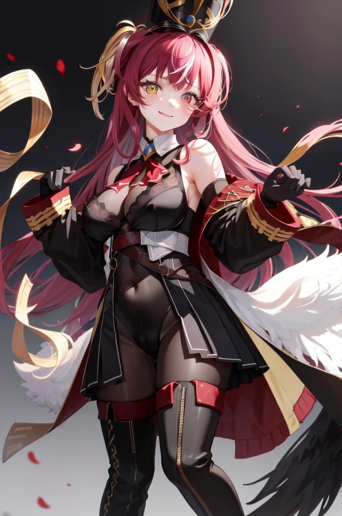 masterpiece, best quality, absurdres, perfect antomy, houshouBand, 1girl, solo, heterochromia, red eyes, yellow eyes, bangs, long hair, streaked hair, shako cap, two-sided jacket, off shoulder, elbow gloves, lace-trimmed leotard, bodystocking, high-waist skirt, showgirl skirt, thigh boots, standing, smile, large breasts
