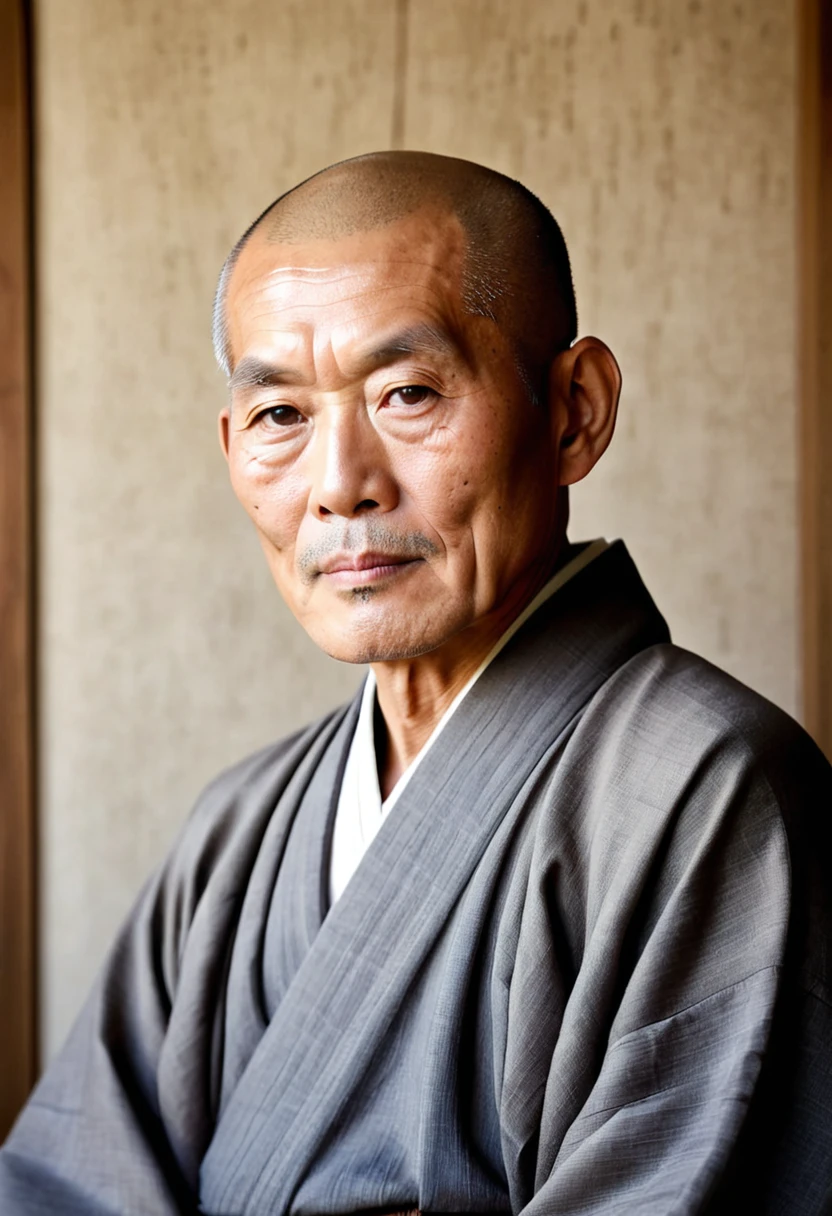 Create a realistic portrait of an older Japanese man with a calm and serene expression。Monk、The background should be simple and neutral.、Keep the focus on the man。Portrait、His wise and dignified appearance should be emphasized.。