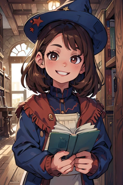 perfect face, perfect hands. A brown haired young witch with copper eyes in a navy is reading in the library with an eager smile