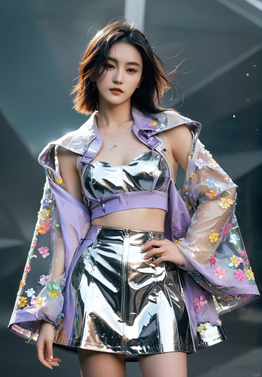 Cinematic photo official art,Unity 8K wallpaper,Extremely detailed,Aesthetic,masterpiece,best quality,Reality,endispute,purple Rose,dispute,endispute,(1 Girl:1.3),Chinese woman,(whole body:1.4),Luminescence的眼睛,Tears,gold eye shadow,Flower Ecstasy,Dynamic Angle,(The most beautiful form of chaos:1.2),elegant,Barbarian design,Gradient,(:1.1),,professional,Realistic skin details,mirror crystal,Looking at the audience,contour,(holographic:1.2),(Transparent raincoat:1.3),holographic,a woman in a skirt with a futuristic design on it's chest and arms,holographic fabric,Solitary,1 girl,半Transparent glass,holographic structure,Luminescence,Transparent glass,skirt,Large Breasts,cleveage,slim,(Sea of Flowers:1.5),