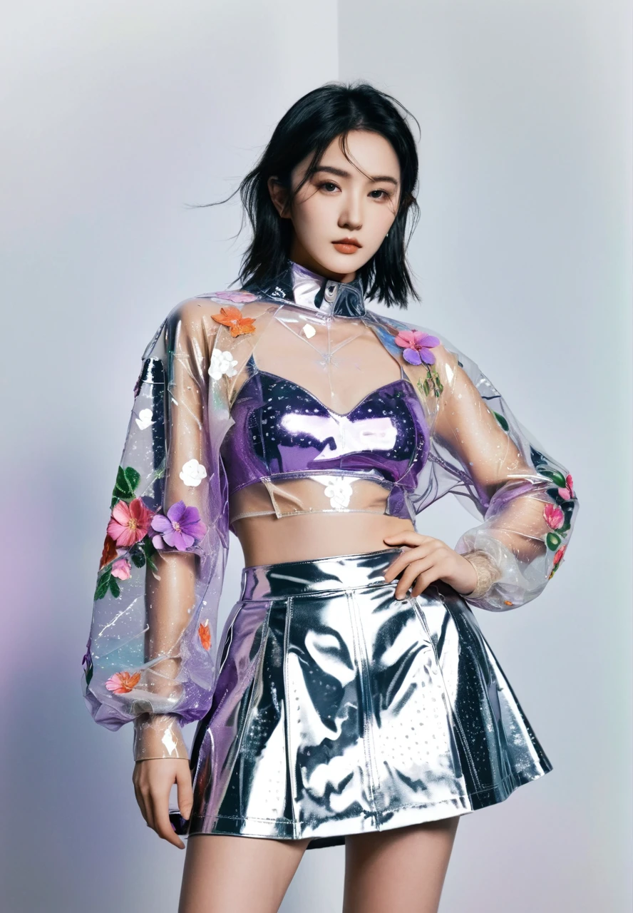 Cinematic photo official art,Unity 8K wallpaper,Extremely detailed,Aesthetic,masterpiece,best quality,Reality,endispute,purple Rose,dispute,endispute,(1 Girl:1.3),Chinese woman,(whole body:1.4),Luminescence的眼睛,Tears,gold eye shadow,Flower Ecstasy,Dynamic Angle,(The most beautiful form of chaos:1.2),elegant,Barbarian design,Gradient,(:1.1),,professional,Realistic skin details,mirror crystal,Looking at the audience,contour,(holographic:1.2),(Transparent raincoat:1.3),holographic,a woman in a skirt with a futuristic design on it's chest and arms,holographic fabric,Solitary,1 girl,半Transparent glass,holographic structure,Luminescence,Transparent glass,skirt,Large Breasts,cleveage,slim,(Sea of Flowers:1.5),
