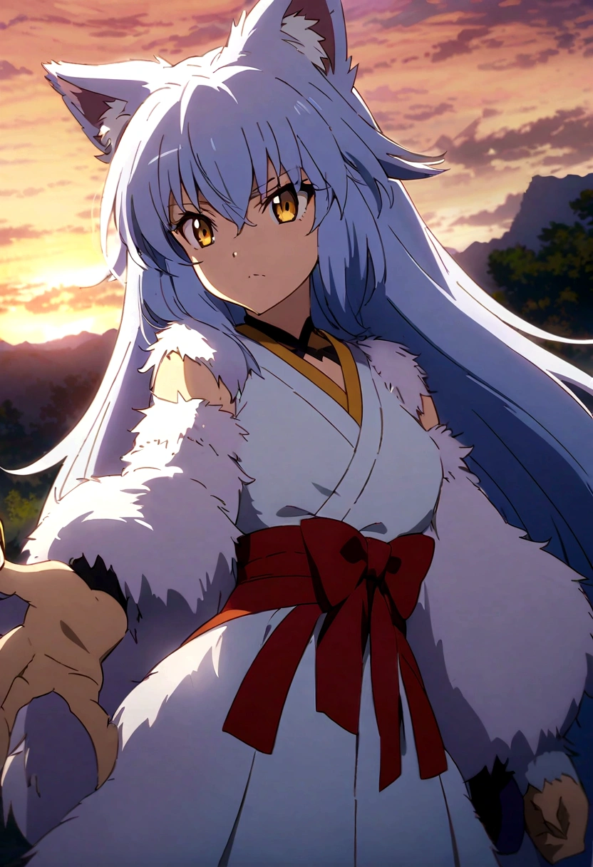 fox Light blue hair beast girl indigo fur fox beast girl fox Light blue hair beast girl indigo fur fox beast girl Sesshomaru, Yellow eyes, Anime, Perfect face, Perfect Lighting, Outdoors, Warm colors, Dark purple sky, Autumn sunset, \(inuyasha\), Bearing Claw, Ready to fightPerfect Lighting, Outdoors, Warm colors, Dark purple sky, Autumn sunset, fox Light blue hair beast girl indigo fur fox beast girl