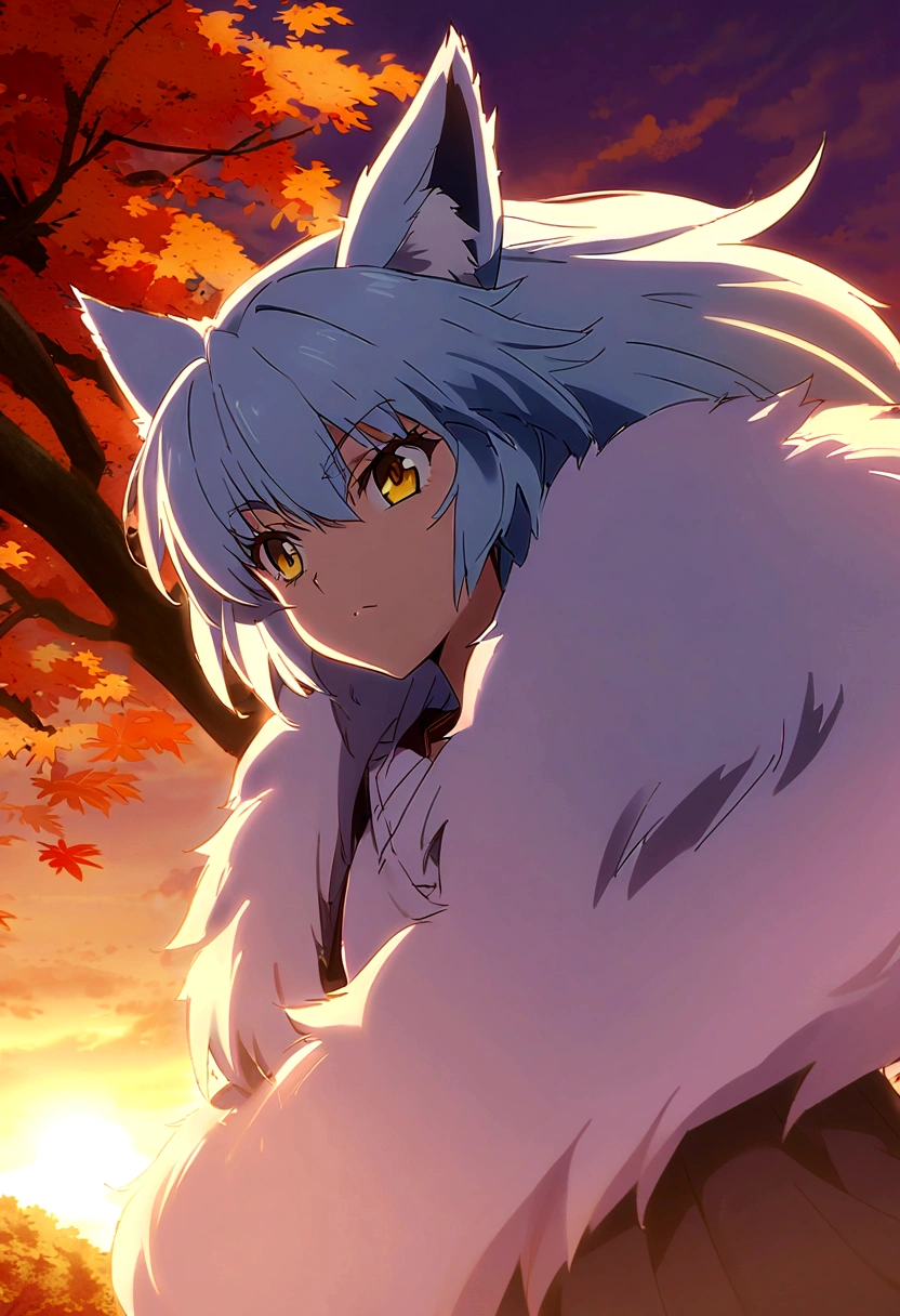 fox Light blue hair 　beast girl　indigo fur　fox beast girl　fox Light blue hair 　beast girl　indigo fur　fox beast girl　Sesshomaru, Yellow eyes, Anime, Perfect face, Perfect Lighting, Outdoors, Warm colors, Dark purple sky, Autumn sunset, \(inuyasha\), Bearing Claw, Ready to fightPerfect Lighting, Outdoors, Warm colors, Dark purple sky, Autumn sunset, fox Light blue hair 　beast girl　indigo fur　fox beast girl