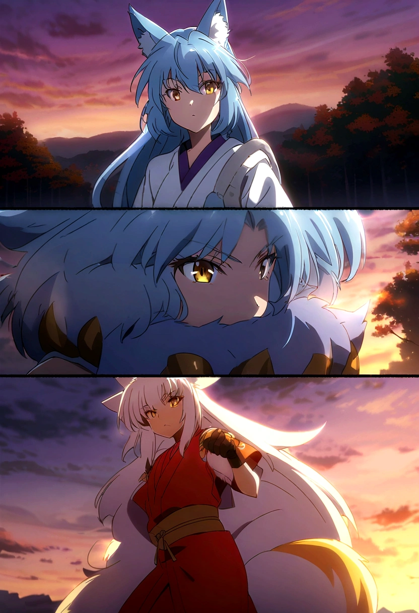 fox Light blue hair 　beast girl　indigo fur　fox beast girl　fox Light blue hair 　beast girl　indigo fur　fox beast girl　Sesshomaru, Yellow eyes, Anime, Perfect face, Perfect Lighting, Outdoors, Warm colors, Dark purple sky, Autumn sunset, \(inuyasha\), Bearing Claw, Ready to fightPerfect Lighting, Outdoors, Warm colors, Dark purple sky, Autumn sunset, fox Light blue hair 　beast girl　indigo fur　fox beast girl