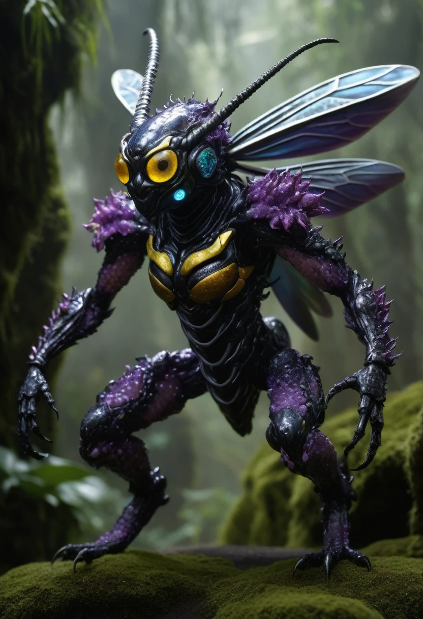 full body length,very bad Lepidolite Yellowjacket in hell,Obsidian opal,evil temper,full body lenght shot,korean intricate details,realistic humid skin,extremely intricate,Epic Realistic, cinematic style,messy hair,luminous eyes,extremely detailed,masterpiece,intricate details,faded,eyes extremely detailed, high detailed eyes,8k resolution,RAW, Nikon Z9,photosnap in action,extremely photorealism,extremely dangerous landscape,strange scary eden,in action,extremely dangerous landscape,Monteverde Cloud Forest of Costa Rica, Pisces, transition between two art styles, Double contact, X-ray,Mestichino,Light particles