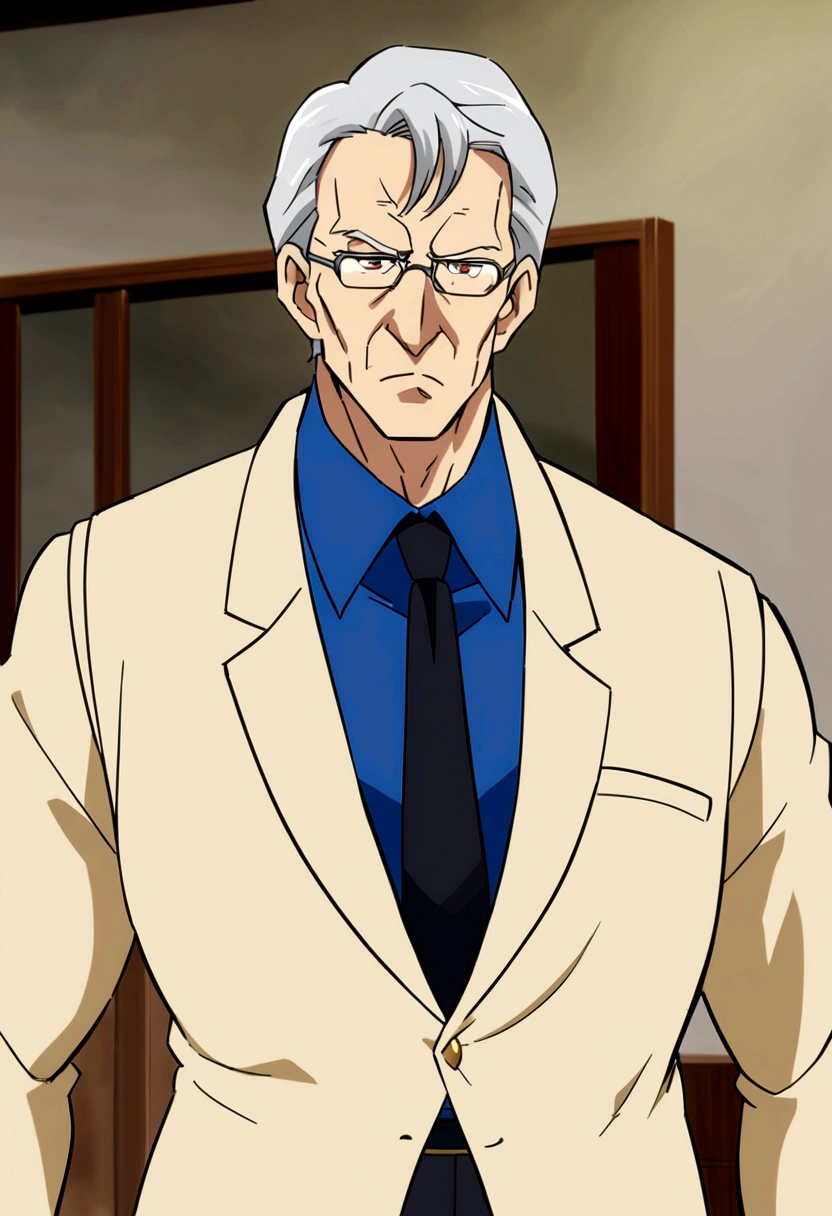70 year old music teacher, muscular and sigma. He has a blue shirt and long tie. Short hair and bigore. anime style