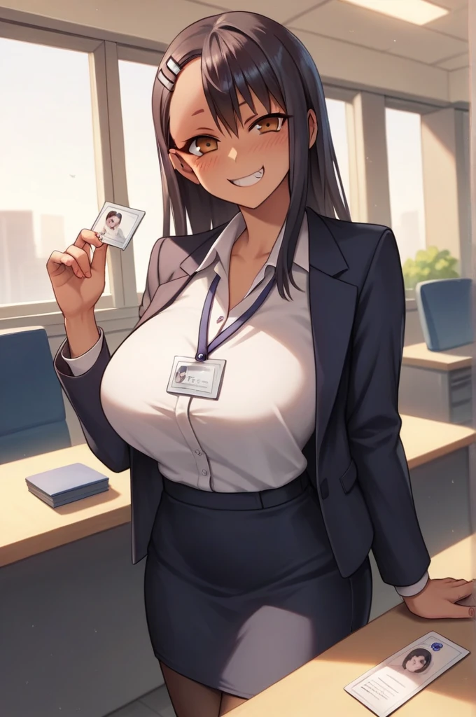 a girl nagatoro hayase standing in office, (modern office indoors), 1lady solo, (black medium hair) bangs, (suit jacket, pencil_skirt), (black pantyhorse), ((id card)), blush kind smile, (masterpiece best quality:1.2), delicate illustrations, high resolution, super detail, huge breasts