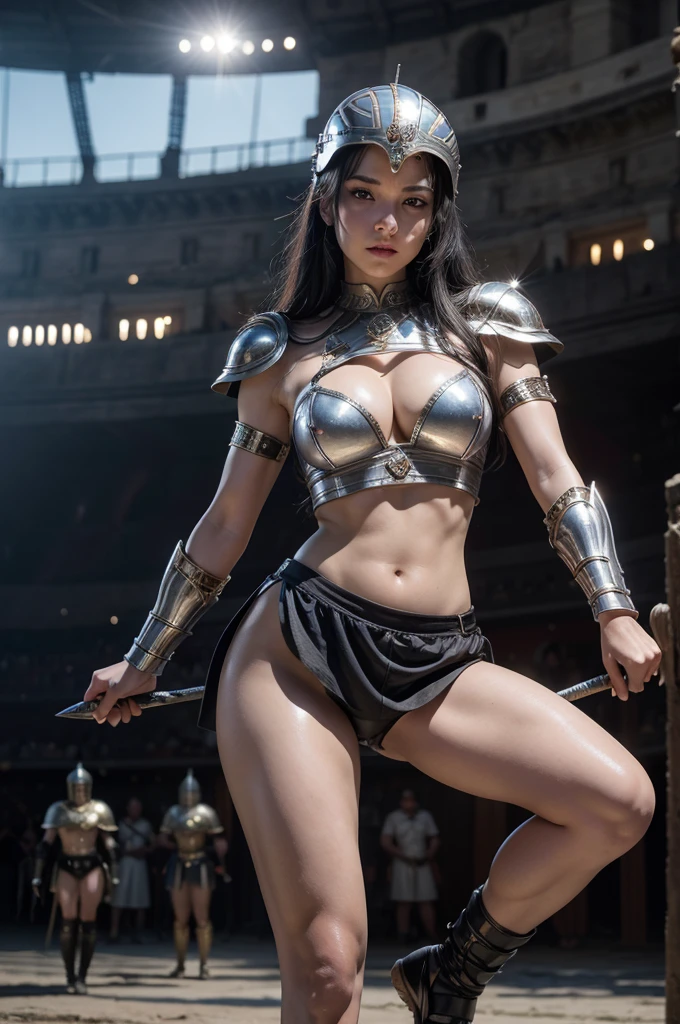 beautiful woman beautiful body sex, black haired gladiator sex, mirrored short armor roman helmet sword, luxury, short shorts, coliseum arena in battle. 8k realism