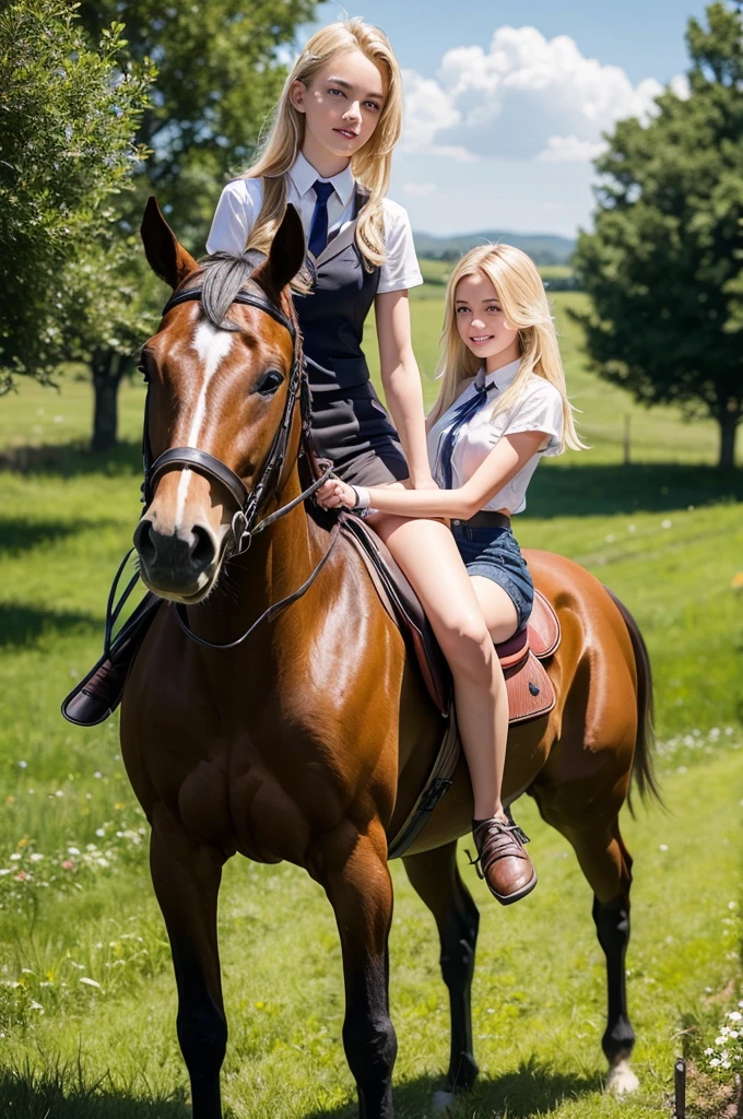 Blonde teenager on horse in the countryside 