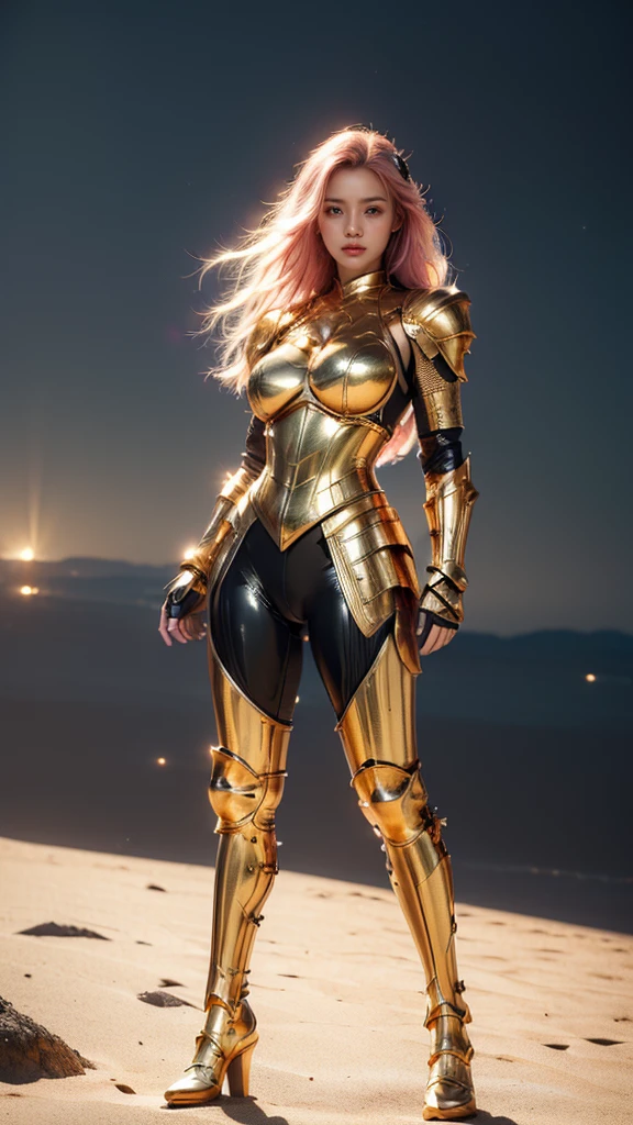 ((best quality)), ((masterpiece)), (ultra detailed lights), ((full body:1.3)), ((skinny body)), 1girl, extremely beautiful, ((slim body)), thighs gap, ultra face details, 20 years old, ((pink curvy-hair)), ((hair blown by strong winds :1.3)), Award-winning photograph, ((symmetrical pose)), ((full body golden black armor)), posing in the middle, intricate details, ((thight golden armour)), ((extremely details armor)), ((tight latex pants)), ((24k-gold armor)), ((edge luminous armor)), cameltoe, luminescent, epic lights reflections, she is posing with ((Athena's golden bow)), at beach, full of stars, orange clouds, nebula sky, epic aurora borealis in the background, shooting stars, ((from below))