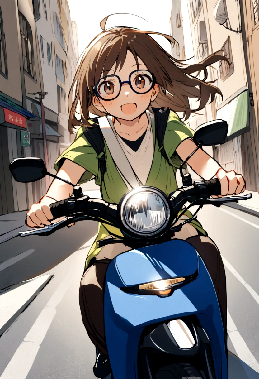 1 girl with glasses, about 13 years old, large volume shoulder length brown hair, driving a Yamaha sz 150 motorcycle through the city
