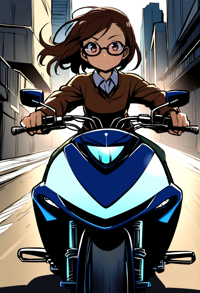 1 girl with glasses, about , large volume shoulder length brown hair, driving a Yamaha sz 150 motorcycle through the city