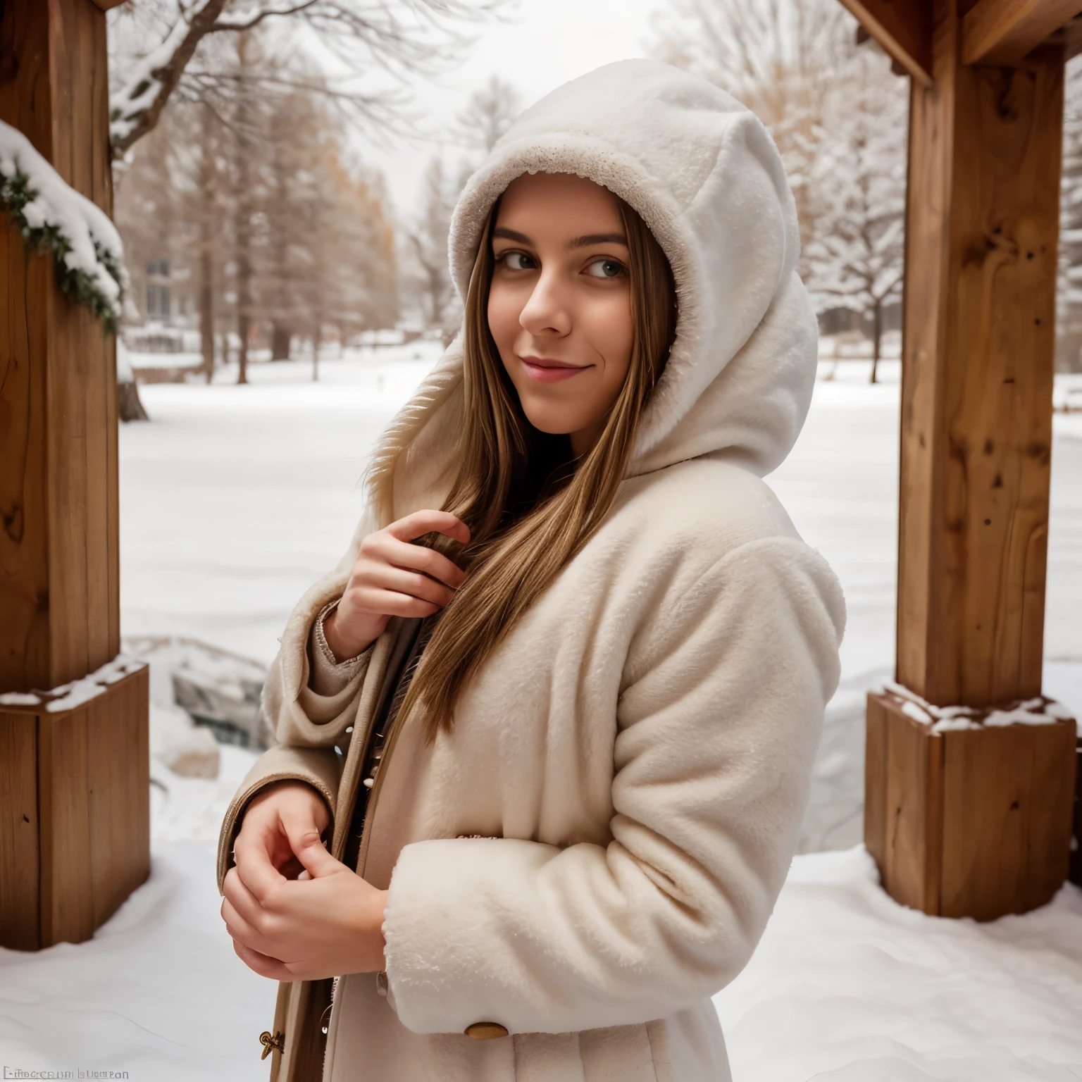 January - Winter Wonderland
On the January calendar page, a woman named LaGermania stands amidst a pristine winter landscape in the Swiss Alps. She wears a luxurious cashmere coat in shades of snowflake white and glacier blue, its fur-trimmed hood framing her face delicately. LaGermania's blonde hair catches the sunlight, adding a soft golden hue to the scene. Her expression is happy and curious, with a subtle and alluring smile playing on her lips, as if teasing the photographer to capture her in this picturesque moment. The background showcases snow-covered fir trees and a frozen lake, with icicles hanging from the branches. The coat's intricate stitching and the texture of the fur evoke warmth and elegance against the cold backdrop. LaGermania's posture is relaxed yet poised, one hand lightly brushing snowflakes off her shoulder while the other holds a vintage ski pole, its polished wood handle gleaming. The overall ambiance captures the serene beauty of a winter wonderland, inviting viewers to embrace the tranquility of the Alpine landscape.