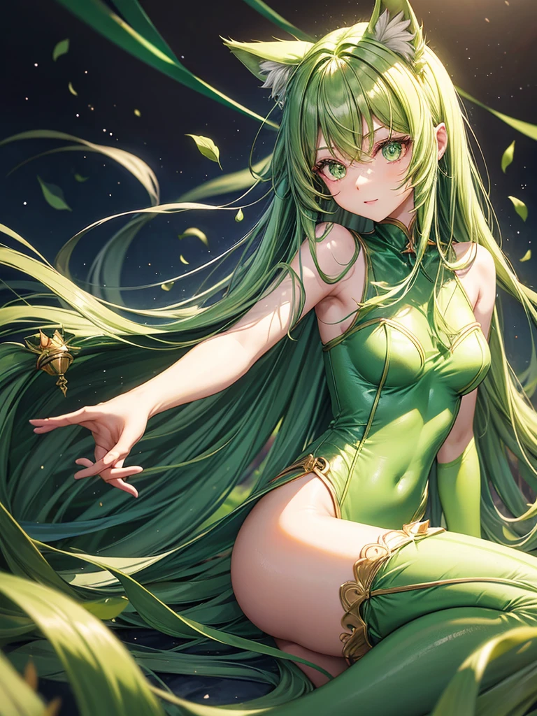 Emerald long hair girl emerald eyes light greencat ears light green cat tail wearing emerald bodysuit