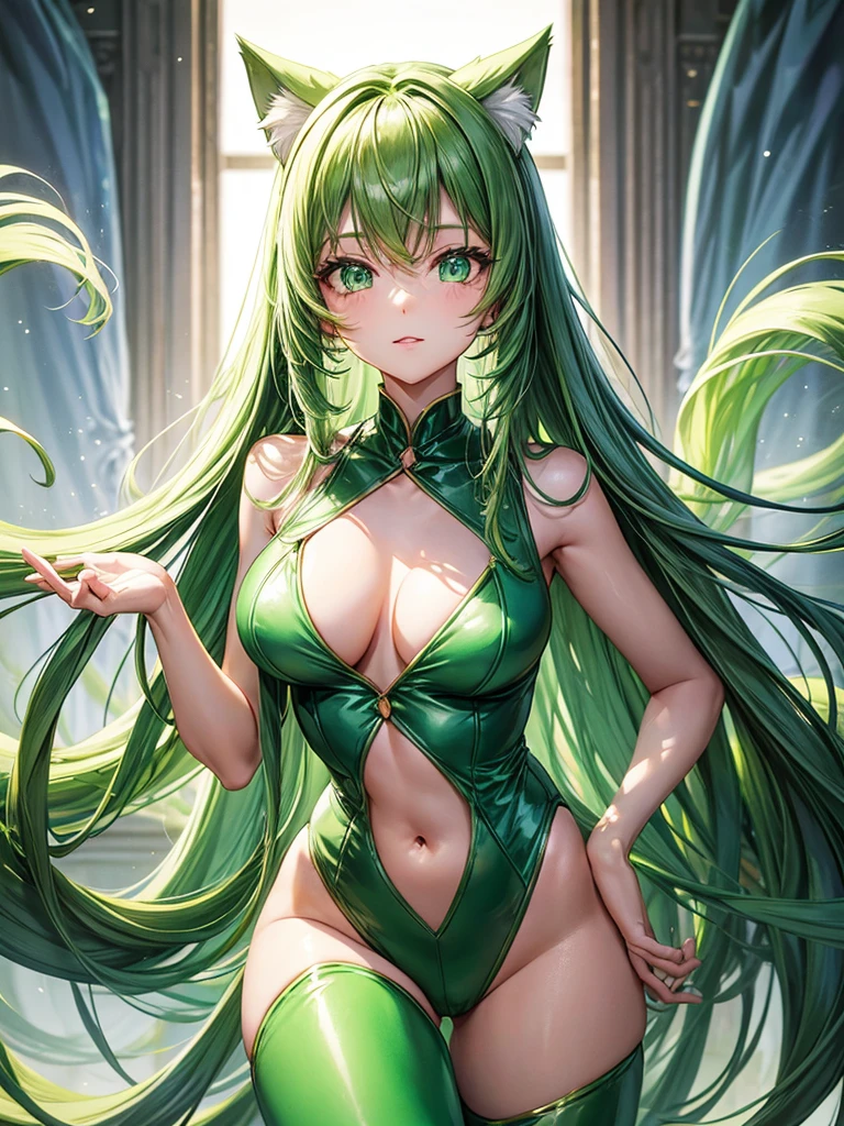 Emerald long hair girl emerald eyes light greencat ears light green cat tail wearing emerald bodysuit