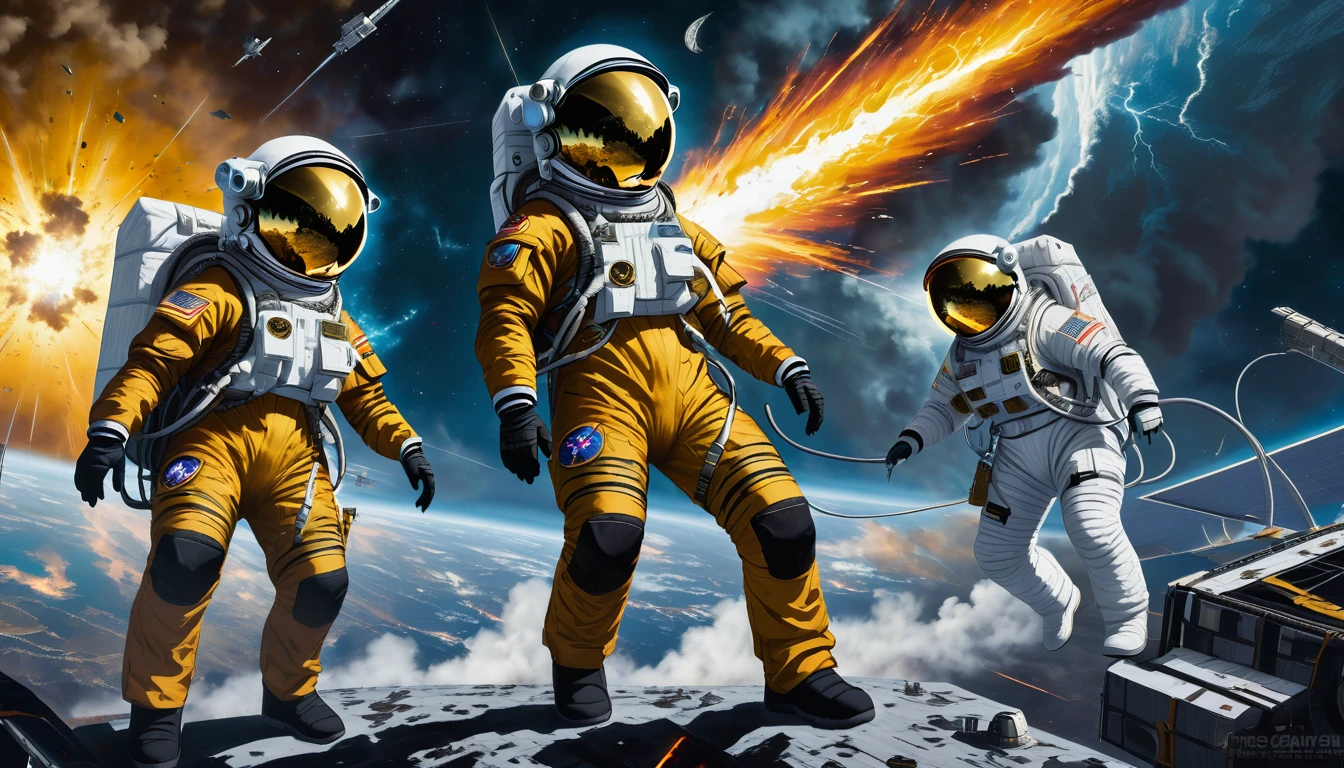 There are two female astronauts outside the International space Station. The station is orbiting an alien planet. The astronaut's costume is black and gold. A blazing galactic thunderstorm  hits the station.awful. It's scary. Dangerous. wide angle shot