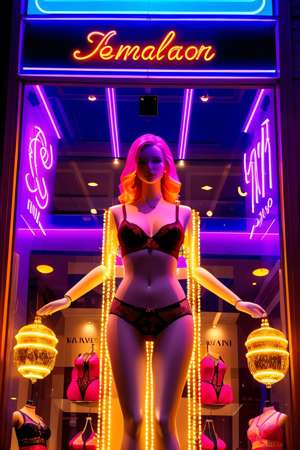 In the heart of the city, a vibrant women's underwear shop comes to life, showcasing its allure with an elegantly posed mannequin at the window display. The mannequin, dressed in the latest fashion, exudes a captivating charm, its flawless figure accentuating the intricate designs and vibrant colors of the lingerie. The shop's front is bathed in the soft glow of warm neon lights, each bulb perfectly synchronized to highlight the contours and patterns of the underwear.

The mannequin stands in a pose that invites the viewer to step inside, its arms positioned majestically behind its back, a subtle engagement that speaks