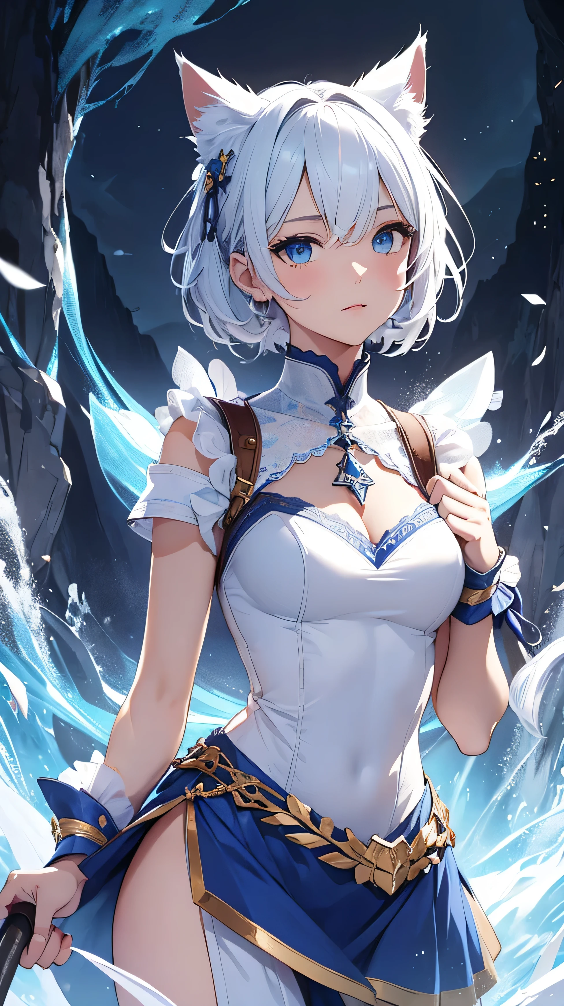 beautiful and delicate girl, clear and beautiful, Make your character the main point of view, glowing skin, female, 20 years old, Short hair, shortcut, Short hair, Beautiful and delicate glass hair, ((greek costume, 2 Costume colors, white background, blue 패턴)) ((Clothes color White background, blue 패턴)) ((Double color, White, blue)) ((Use only two colors of clothing, White, blue))beautiful and delicate eyes, orange eyes, moderate chest, orange eyes, real skin texture, Very nice 8KCG wallpaper, Very cool 8K CG wallpaper, Watercolor (middle), female warrior, light green hair, (((upper body cut))), (((Cat's ears dark 노란색))), (((dark, dark 밤, midnight))) (((nature background, mountain, wood))), ((outdoors)) Dynamic fighting stance with a sword