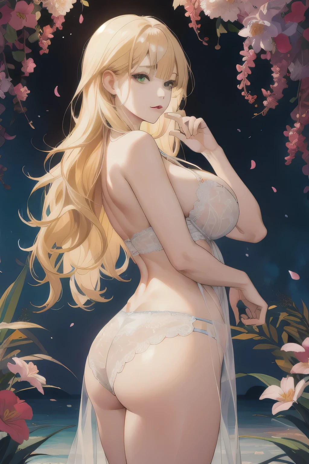 (absurdres, highres, ultra detailed), 1girl, mature female, wavy blonde hair, long hair, blunt bangs, green eyes, pink dress, finely detailed eyes and detailed face, extremely detailed CG unity 8k wallpaper, intricate details, BREAK , kaleidoscopic imagery, symmetrical patterns, vibrant colors, geometric shapes, mesmerizing designs, optical illusions, dynamic composition BREAK , pantomime art, expressive body language, silent storytelling, evocative gestures, visual narratives, theatrical performances BREAK , blooming flowers, colorful petals, fragrant scents, nature's bounty, vibrant gardens, peaceful scenery,Huge breasts (sagging breasts), huge butt,All she wears is lingerie (white lingerie)