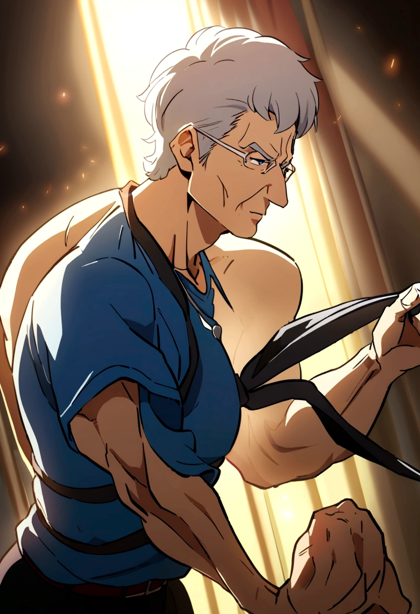 70 year old music teacher, muscular and sigma. He has a blue shirt and long tie. Short hair and bigore. anime style