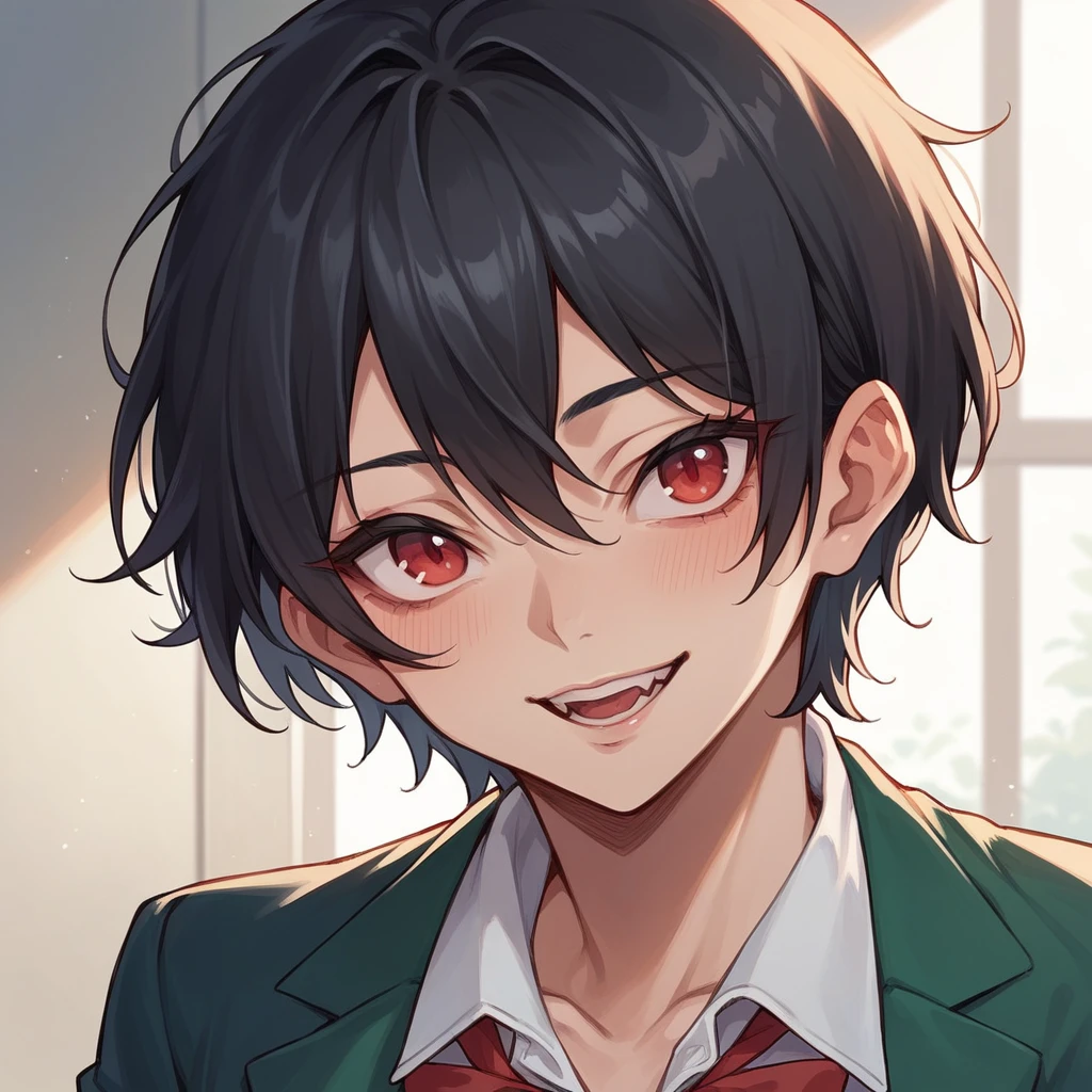 Ikemen, teacher's attire, short black hair, red eyes, yandere,.