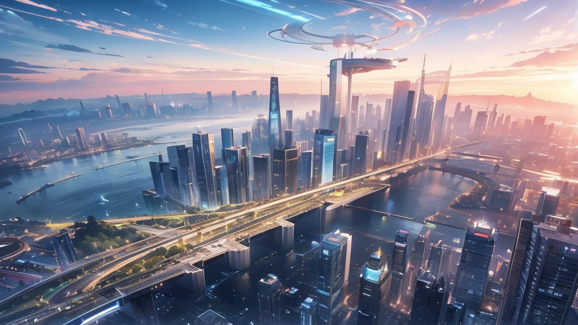 (Best quality,4K,8K,A high resolution,Masterpiece:1.2),Ultra-detailed,(Realistic,Photorealistic,photo-realistic:1.37),Futuristic floating city,Futuristic technology,Huge urban high-tech tablet platform,Airship,Floating in the sky,Futuristic city,Small airships around,High-tech hemispherical platform,Colorful lights,Advanced architecture,modernn architecture,skyscrapper,Access the cloud,Scenic beauty,view over city,Impressive design,Blend seamlessly with nature,energetic and vibrant atmosphere,Futuristic transportation system,Parking is suspended,Transparent path,Lush greenery,Sky gardens,cascading waterfalls,Magnificent skyline,reflections on the water,Sparkling river,Architectural innovation,futuristic skyscrapers,Transparent dome,The shape of the building is unusual,Elevated walkway,Impressive skyline,Glowing lights,Futuristic technology,Minimalist design,Scenic spots,Panoramic view,Cloud Piercing Tower,Vibrant colors,epic sunrise,epic sunset,Dazzling light display,magical ambiance,The future city,Urban Utopia,LuxuryLifestyle,Innovative energy,sustainable development,Smart city technology,Advanced infrastructure,Tranquil atmosphere,Nature and technology live in harmony,Awesome cityscape,Unprecedented urban planning,Architecture connects seamlessly with nature,High-tech metropolis,A cutting-edge engineering marvel,The future of urban living,Visionary architectural concept,Energy-efficient buildings,Harmony with the environment,A city floating above the clouds,Utopian dreams become reality,The possibilities are endless,State-of-the-art transportation network,Green energy integration,Innovative materials,Impressive holographic display,Advanced communication system,Breathtaking aerial view,Quiet and peaceful environment,Modernist aesthetics,Ethereal beauty