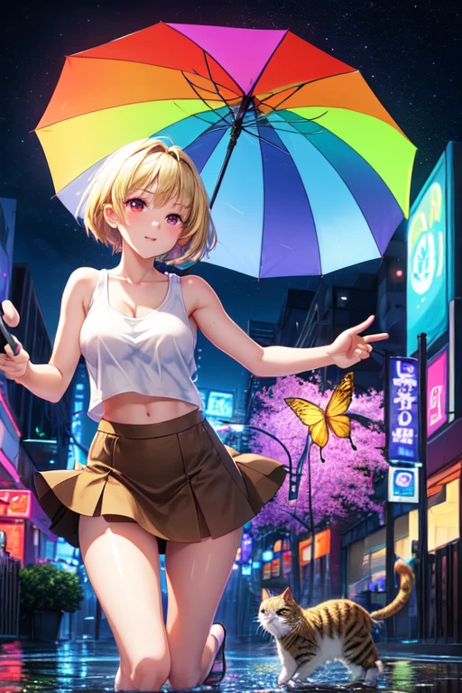 21 year old anime girl with blonde hair and red eyes wearing a short brown skirt with a white tank top in an urban landscape with a cat on her shoulder and a night landscape with neon lights on the buildings and playing with a butterfly and holding an umbrella and rainbow in the background and jumping in a puddle of water