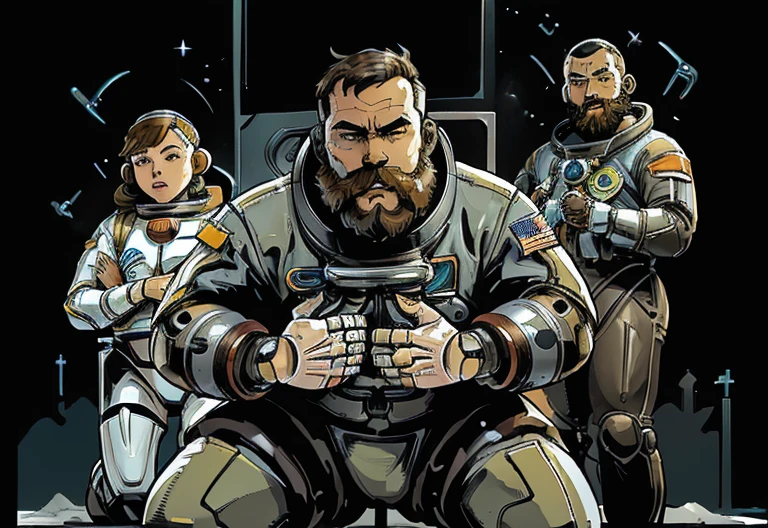  (((Bearded, chubby astronaut with extremely thick thighs is kneeling with his hand on his chest feeling a lot of pain))), icy mountains snowy place, the Astronaut using binoculars to observe( frontal image) Holding a pair of binoculars. dynamic photography.oogando down, fainting from pain, (((in front of the astronaut there are 2 robots on the left and right side they have a right hand Pointed at the Expectant Protecting the astronaut))) , he wears full space astronaut uniform.