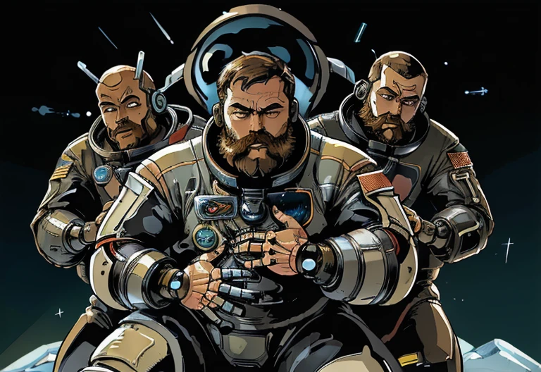 (((Bearded, chubby astronaut with extremely thick thighs is kneeling with his hand on his chest feeling a lot of pain))), icy mountains snowy place, the Astronaut using binoculars to observe( frontal image) Holding a pair of binoculars. dynamic photography.oogando down, fainting from pain, (((in front of the astronaut there are 2 robots on the left and right side they have a right hand Pointed at the Expectant Protecting the astronaut))) , he wears full space astronaut uniform.