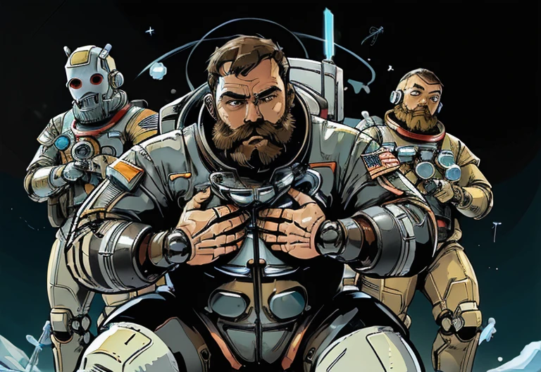  (((Bearded, chubby astronaut with extremely thick thighs is kneeling with his hand on his chest feeling a lot of pain))), icy mountains snowy place, the Astronaut using binoculars to observe( frontal image) Holding a pair of binoculars. dynamic photography.oogando down, fainting from pain, (((in front of the astronaut there are 2 robots on the left and right side they have a right hand Pointed at the Expectant Protecting the astronaut))) , he wears full space astronaut uniform.