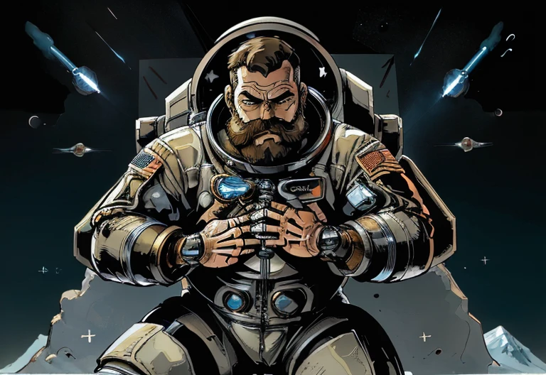(((Bearded, chubby astronaut with extremely thick thighs is kneeling with his hand on his chest feeling a lot of pain))), icy mountains snowy place, the Astronaut using binoculars to observe( frontal image) Holding a pair of binoculars. dynamic photography.oogando down, fainting from pain, (((in front of the astronaut there are 2 robots on the left and right side they have a right hand Pointed at the Expectant Protecting the astronaut))) , he wears full space astronaut uniform.