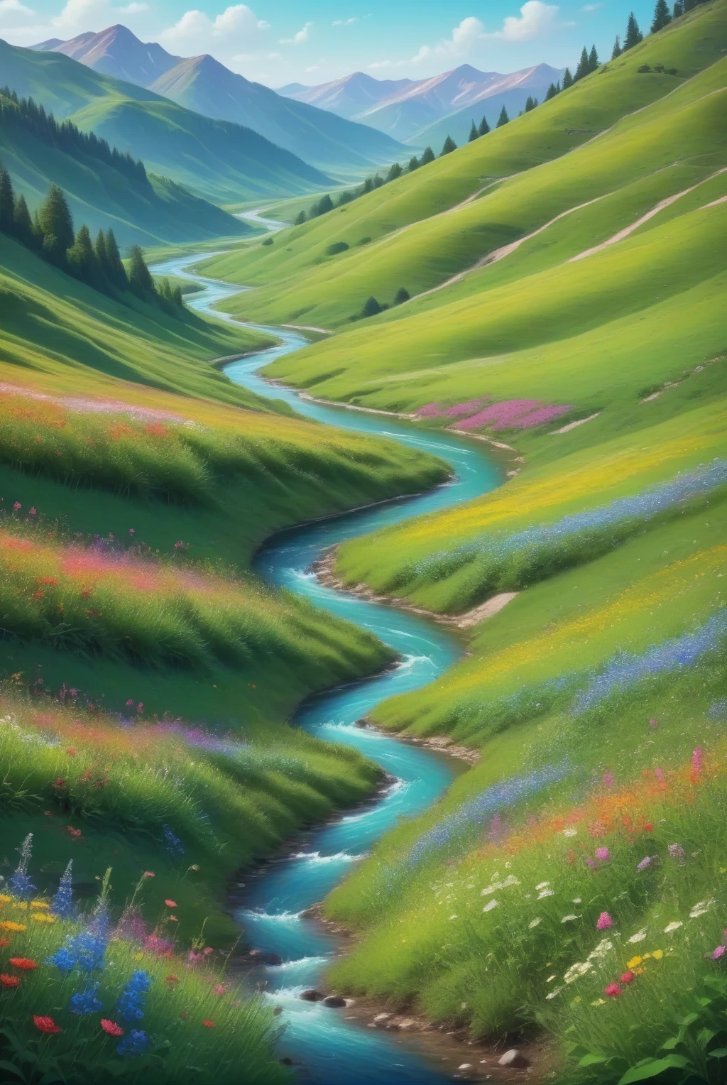 XL_gush, Summer Landscape, Rolling hills with bright wildflowers, A winding river leads to a small lake, Small, pastel-colored mountains in the background, It becomes sunny, A small amount of volumetric clouds, Vibrant colors,  