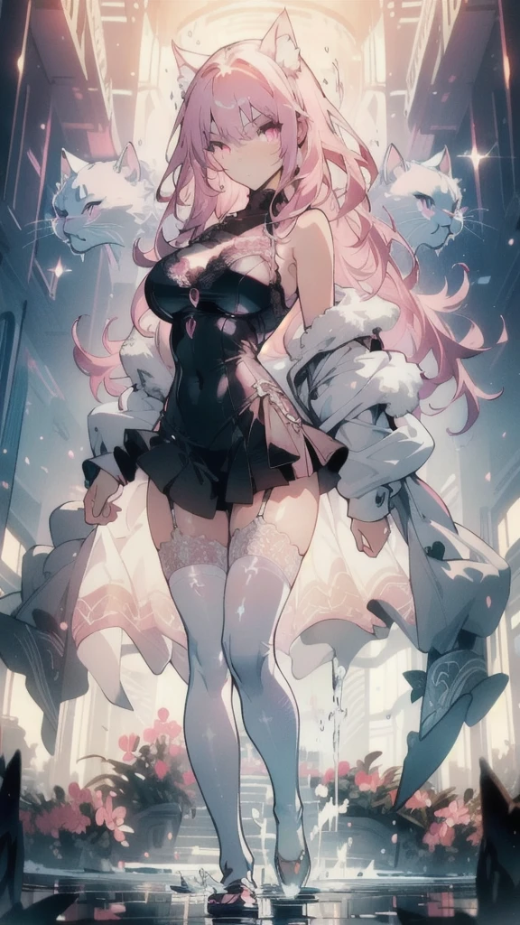 ((masterpiece, best quality)), Epic battlefield atmosphere，Delicate face，Cat girl，whole body，Standing picture，glowing pink eyes，Large Breasts，Gradient white long wavy hair，Perfect body proportions，Pure white background，Water Ripples，Lace，Plush sexy lingerie