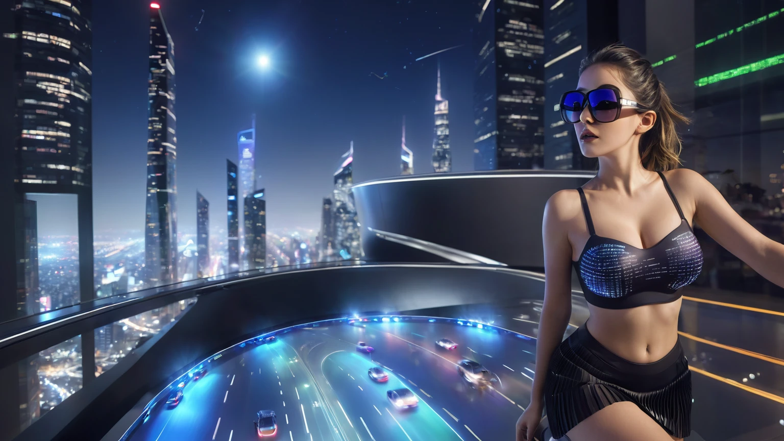 aerial view. Estilo: arte conceitual. A cena: Futuristic cityscapes with all-glass towering skyscrapers and (sleek aerodynamic vehicles) speeding through the air, 1drone. High-resolution OLED GUI interfaces in the building, The windows are filled with transparent data visualization infographics that show it all, from weather patterns to traffic flow, Matrix cascading code. Colors are saturated and vibrant, com rosas e roxos quentes dominando o horizonte. Matrix style, at night, dark sky, (((1girl, solo))), photo realistic, (((medium-breast:1.3 slim body, cleavage))), (((tube top, extreamly short pleated miniskirt exposing panty))), (((((((matrix style black sunglasses))))))), (((aiming at camera with a mini pistol))), (((((looking at camera))))), (((((half-body thigh level medium shot))))), (((cinematic lighting))).