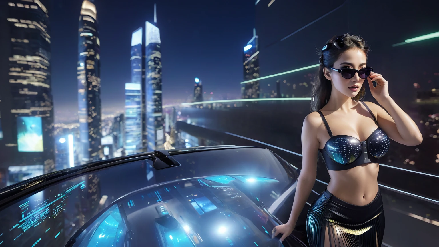 aerial view. Estilo: arte conceitual. A cena: Futuristic cityscapes with all-glass towering skyscrapers and (sleek aerodynamic vehicles) speeding through the air, 1drone. High-resolution OLED GUI interfaces in the building, The windows are filled with transparent data visualization infographics that show it all, from weather patterns to traffic flow, Matrix cascading code. Colors are saturated and vibrant, com rosas e roxos quentes dominando o horizonte. Matrix style, at night, dark sky, (((1girl, solo))), photo realistic, (((medium-breast:1.3 slim body, cleavage))), (((tube top, extreamly short pleated miniskirt exposing panty))), (((((((matrix style black sunglasses))))))), (((aiming at camera with a mini pistol))), (((((looking at camera))))), (((((half-body thigh level medium shot))))), (((cinematic lighting))).