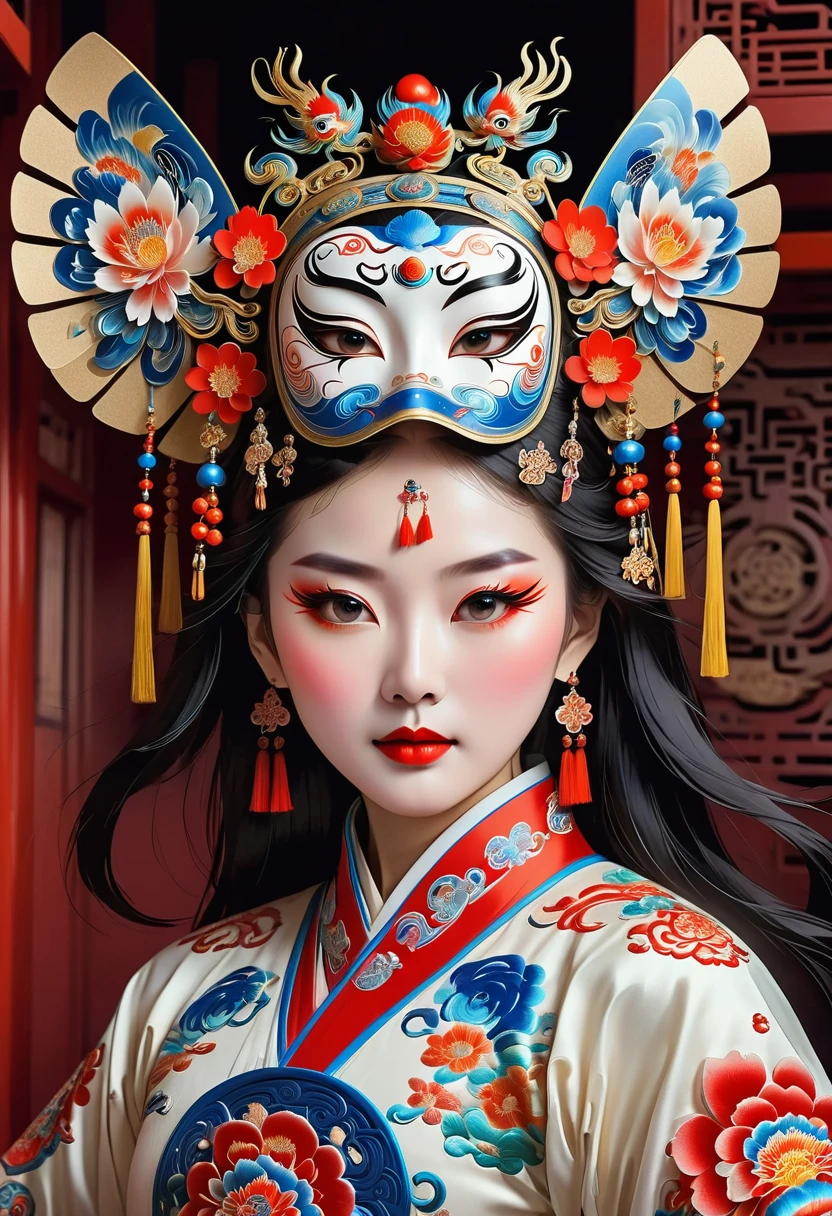 Inside the International Space Station, an astronaut, an exquisite Peking Opera mask, a space suit with exquisite traditional Chinese embroidery, and traditional Chinese accessories. Behind her is an unfolded Chinese fan with Painted with traditional artistic patterns, exquisite and detailed