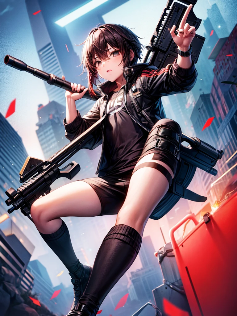a male character, chibi size,dynamic poses, with a sniper rifle, details on the face, wearing casual clothes.