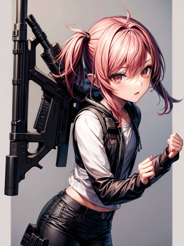 a male character, chibi size,dynamic poses, with a sniper rifle, details on the face, wearing casual clothes.