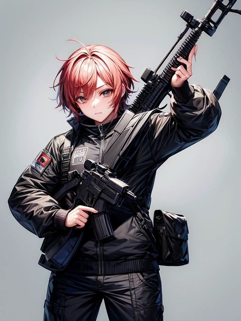a male character, chibi size,dynamic poses, with a sniper rifle, details on the face, wearing casual clothes.