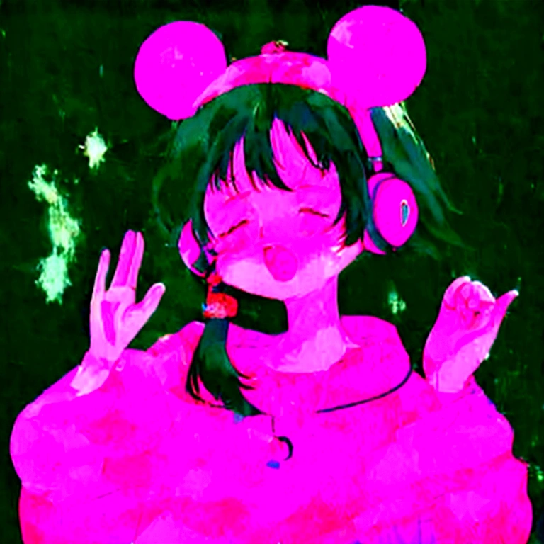 an anime girl with an expression of exhaustion and tiredness, in the 80s style using a telemarketing headset