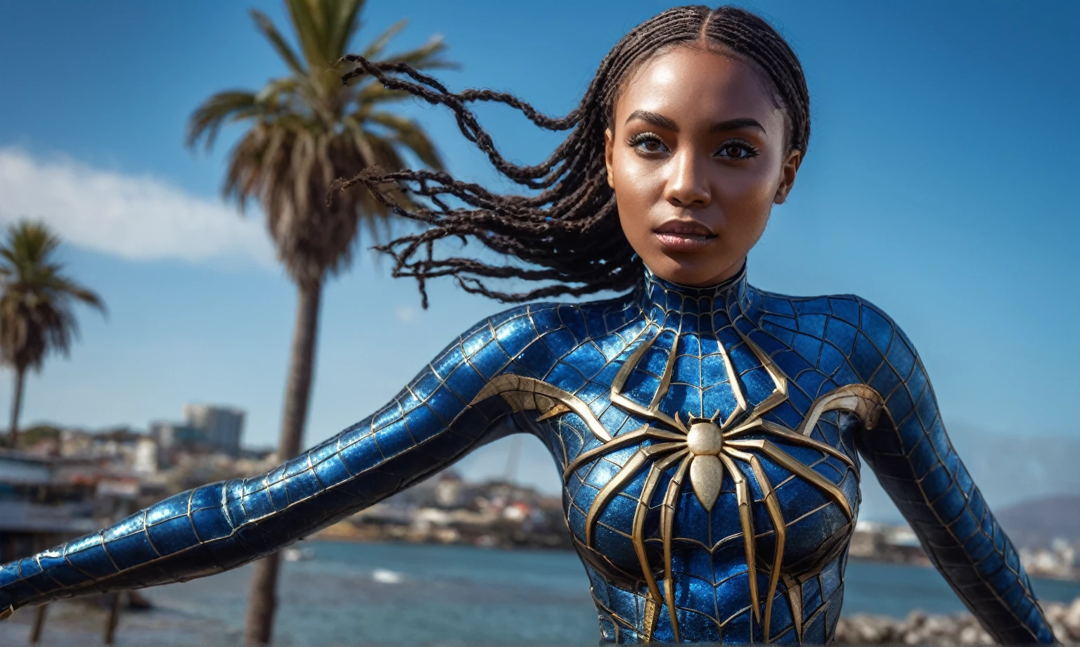 full body length,spidergirl of Chalcopyrite,babygirl,native african,Cinematic,soft colors, Technicolor,natural skin textures, hyper realism, hyper detailed,Extremely detailed,High contrast,Masterpiece,Realistic,Ultra Detailed, intricate details,realistic humid leather,extremely intricate details,Epic Realistic, cinematic style, irina yermolova,high contrast,hdr,extremely detailed,masterpiece, intricate details, eyes extremely detailed, high detailed eyes,8k resolution,retina, Nikon Z9,Pisces, transition between two art styles, Double contact, X-ray, Creative, vivid light, fantasy, Abstract, Surrealism, super detailed, high resolution,photosnap in action,Cape Town of South Africa
