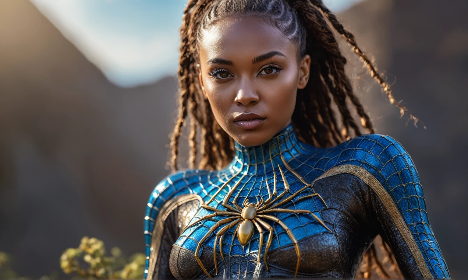 full body length,spidergirl of Chalcopyrite,babygirl,native african,Cinematic,soft colors, Technicolor,natural skin textures, hyper realism, hyper detailed,Extremely detailed,High contrast,Masterpiece,Realistic,Ultra Detailed, intricate details,realistic humid leather,extremely intricate details,Epic Realistic, cinematic style, irina yermolova,high contrast,hdr,extremely detailed,masterpiece, intricate details, eyes extremely detailed, high detailed eyes,8k resolution,retina, Nikon Z9,Pisces, transition between two art styles, Double contact, X-ray, Creative, vivid light, fantasy, Abstract, Surrealism, super detailed, high resolution,photosnap in action,Cape Town of South Africa