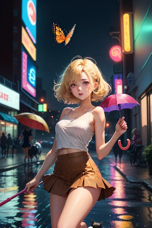 21 year old anime girl with blonde hair and red eyes wearing a short brown skirt with a white tank top in an urban landscape with a cat on her shoulder and a night landscape with neon lights on the buildings and playing with a butterfly and holding an umbrella and rainbow in the background and jumping in a puddle of water