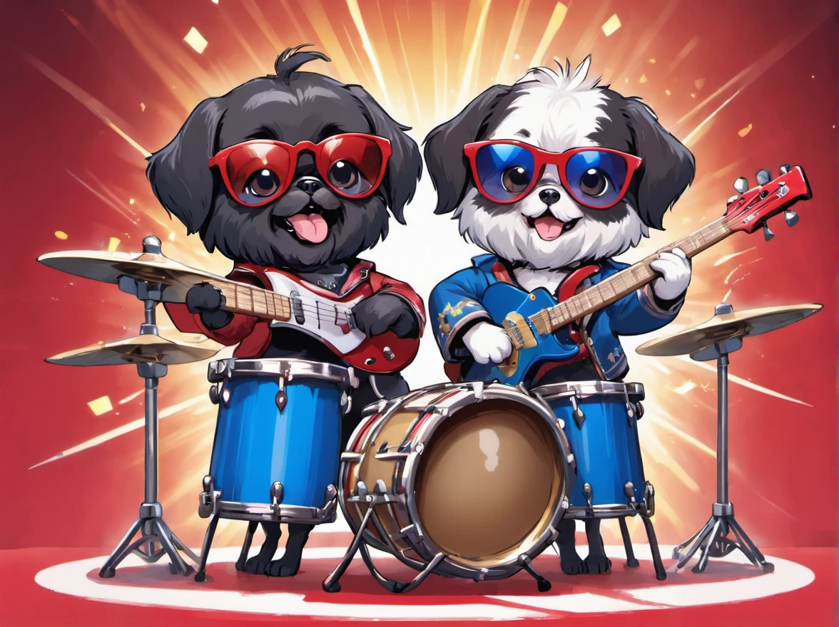 Two Adorable small happy black Shih Tzu puppies playing guitar playing drums on a concert stage wearing sun glasses Pixar style cartoon 3D red white and blue background