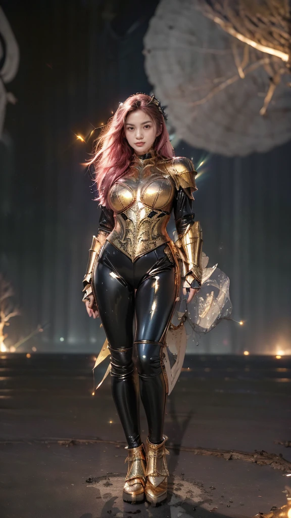 ((best quality)), ((masterpiece)), (ultra detailed lights), ((full body:1.3)), ((skinny body)), 1girl, extremely beautiful, ((slim body)), thighs gap, ultra face details, 20 years old, ((pink curvy-hair)), ((hair blown by strong winds :1.3)), Award-winning photograph, ((symmetrical pose)), ((full body golden black armor)), posing in the middle, intricate details, ((thight golden armour)), ((extremely details armor)), ((tight latex pants)), ((24k-gold armor)), ((edge luminous armor)), cameltoe, luminescent, epic lights reflections, she is posing with ((Athena's golden bow)), at beach, full of stars, orange clouds, nebula sky, epic aurora borealis in the background, shooting stars, ((from below))