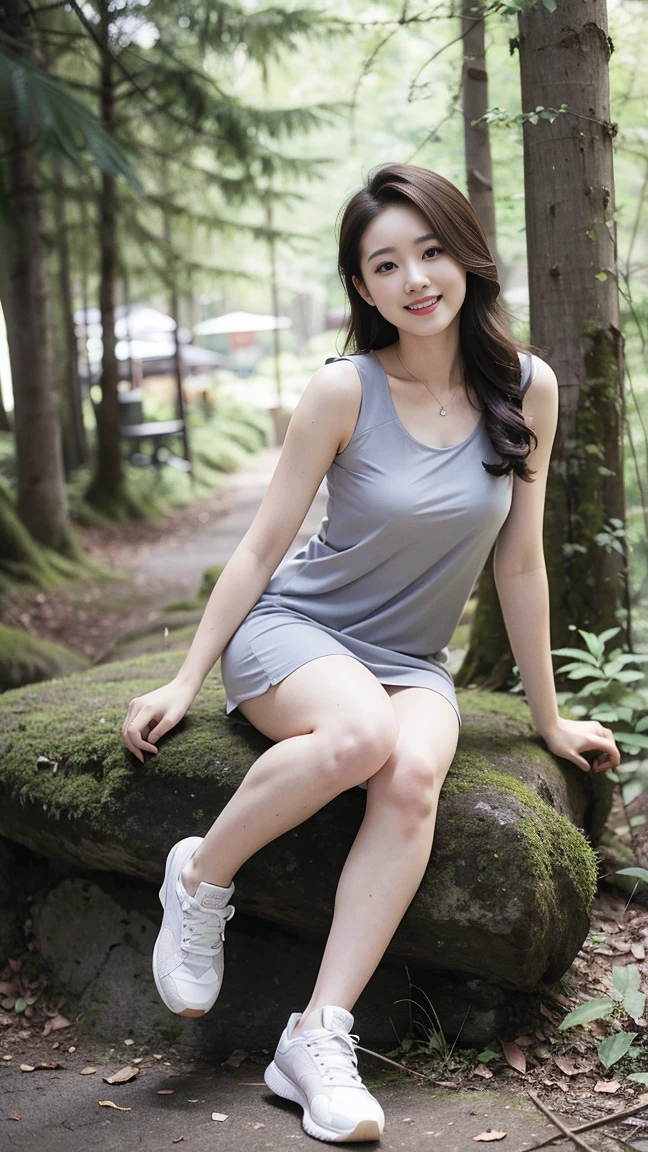 masterpiece, best quality, Surreal, Ultra Detailed, 8k resolution, RAW photos, Clear focus, (A girl in the forest), ((Light grey straight dress:1.1)),  sports Shorts,Full body posture, Solitary, Perfect body, Become a, 32 inches in the chest,(a charming smile:1), (sexy pose)，26 years old, light,White shoes