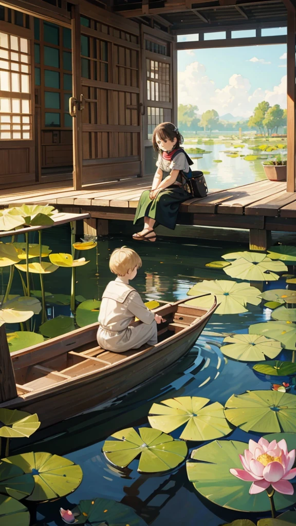 In the near distance is a lotus pond and in the far distance is a child sitting on a boat