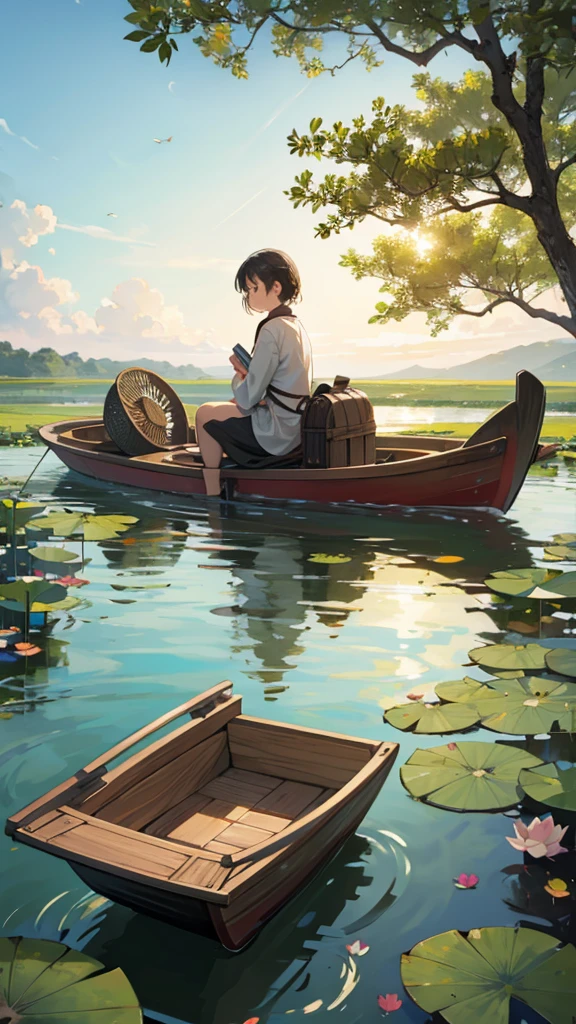 In the near distance is a lotus pond and in the far distance is a child sitting on a boat