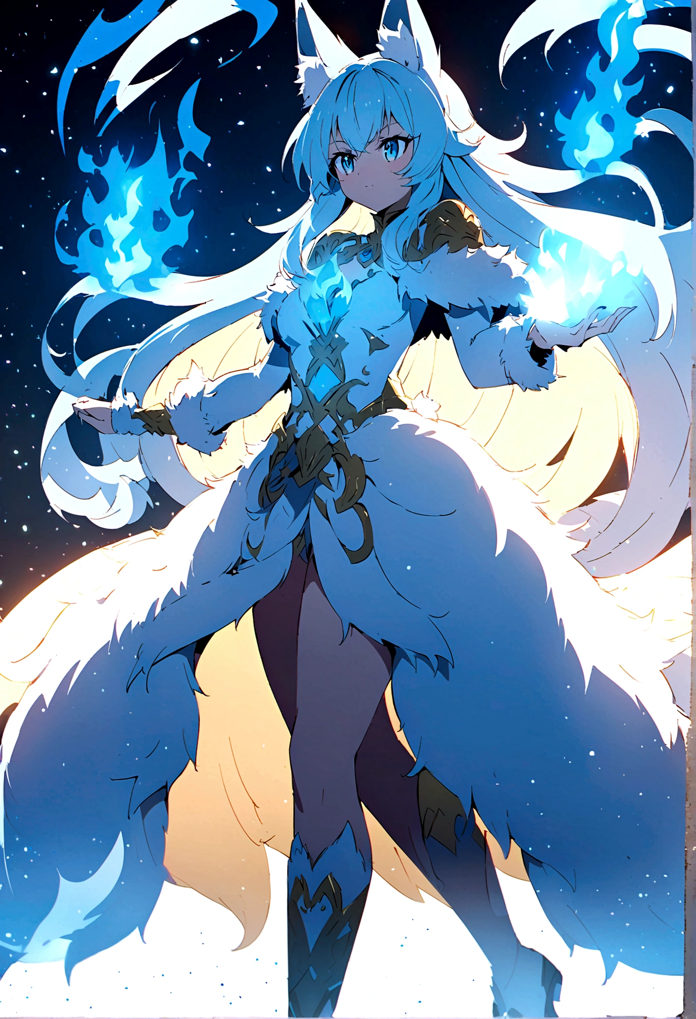 fox Light blue hair 　beast girl　indigo fur　fox beast girl　Anime Style　fox　blue　White-faced golden-haired nine-tailed fox　Coat blue　　　mysterious background　Blue Flame　girl　have a ball of light　fox Light blue hair 　beast girl　indigo fur　fox beast girl